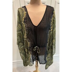 Gibson Kimono Sleeve Blouse Size 1X Sheer Tie Waist Boho Artsy Forest Fairy Chic